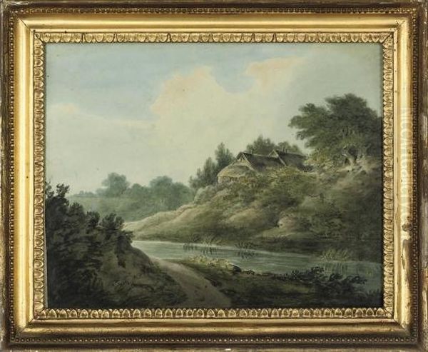 A Hilltop Castle Ruin
; And 
A River Landscape With A Cottage Oil Painting by John Warwick Smith