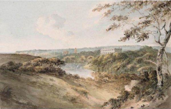 A Distant View Of Clovelly Court, Devon Oil Painting by John Warwick Smith