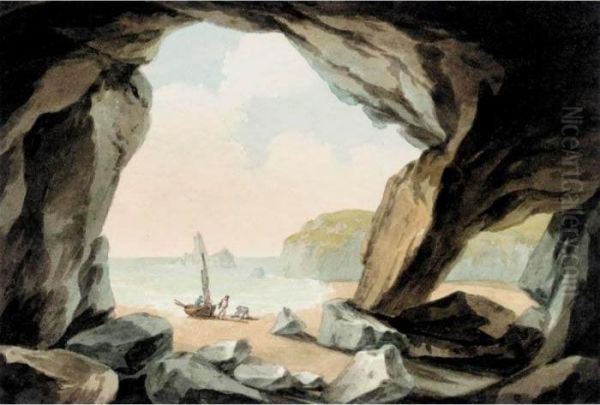 A View From A Cave Near Tenby, South Wales Oil Painting by John Warwick Smith