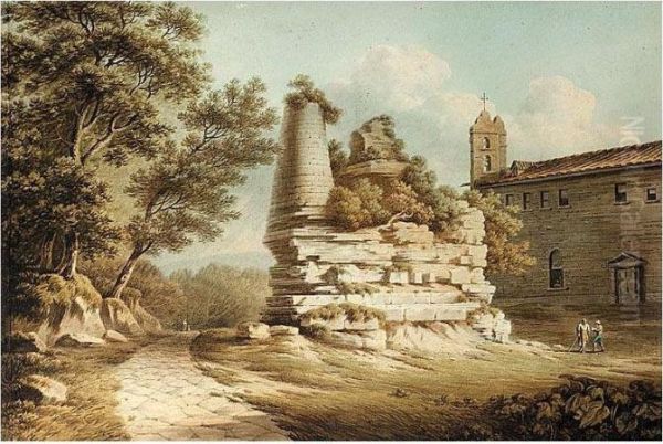 Figures By A Church And Some Ruins, Italy Oil Painting by John Warwick Smith