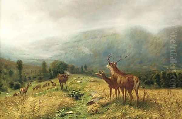 Stags in an extensive landscape Oil Painting by Ludwig Gustav Voltz