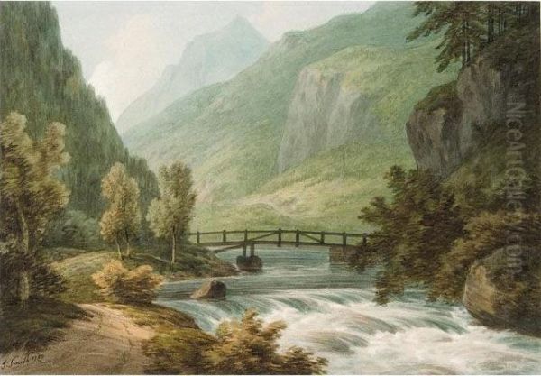 A Footbridge Over A River In The Swiss Mountains Oil Painting by John Warwick Smith