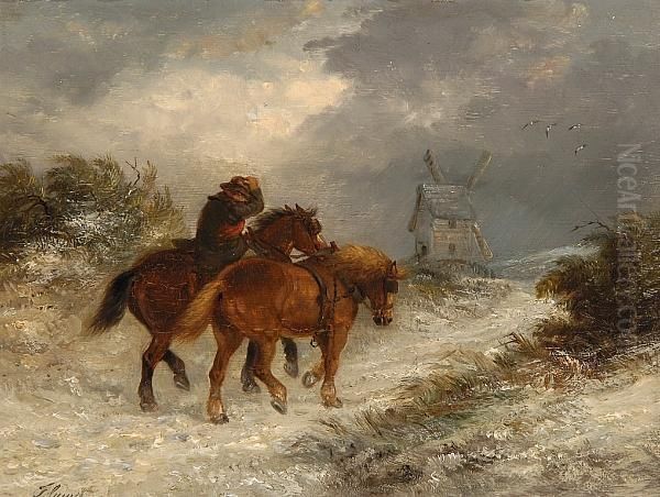 The Plough Team Going Home In The Snow Oil Painting by Thomas Smythe