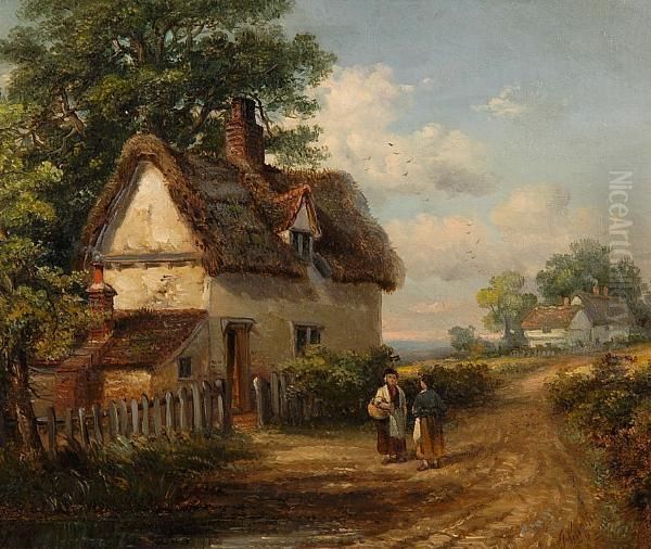 Figures Before A Cottage, Possibly Hintlesham Oil Painting by Thomas Smythe