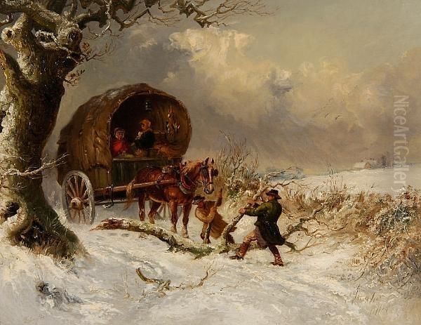 Snow Scene With Travellers Moving A Fallen Bough Oil Painting by Thomas Smythe