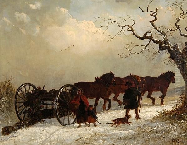 Figures Beside Horses And Cart, In A Winter Landscape Oil Painting by Thomas Smythe