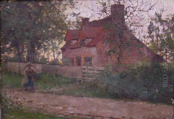 Lady Carryingwood In Front Of A Cottage Oil Painting by James Herbert Snell