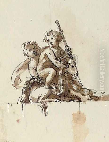 Two putti with a goat Oil Painting by Pieter Antonie Von Verschaffelt