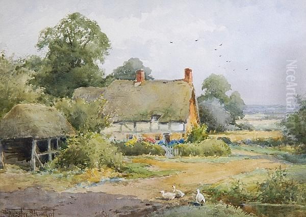 Geese Before A Thatched Cottage In Summer Oil Painting by Henry John Sylvester Stannard