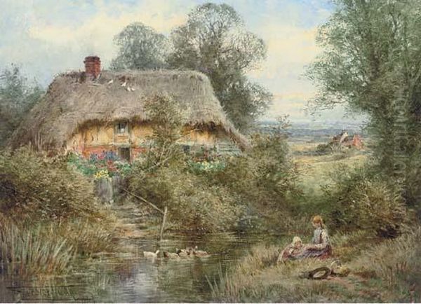 Two Children Sitting On A Riverbank Before A Thatched Cottage Oil Painting by Henry John Sylvester Stannard