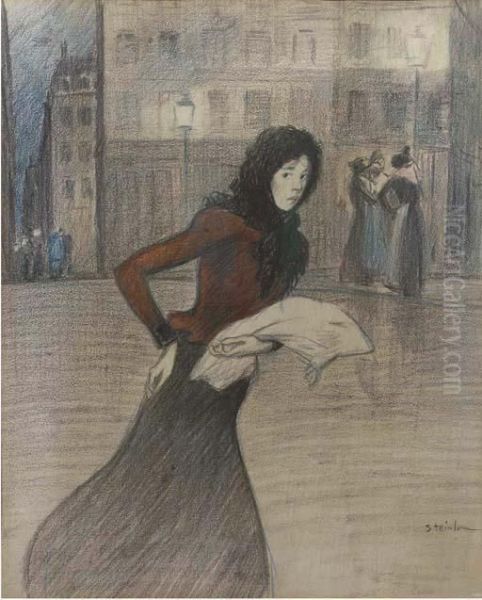 Girl In The Street Oil Painting by Theophile Alexandre Steinlen