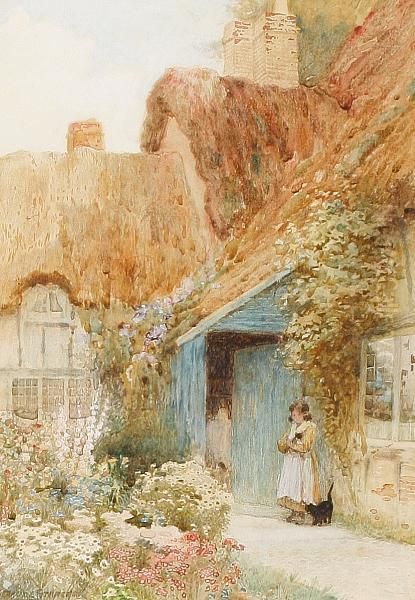 A Young Girl Outside A Cottage Oil Painting by Arthur Claude Strachan