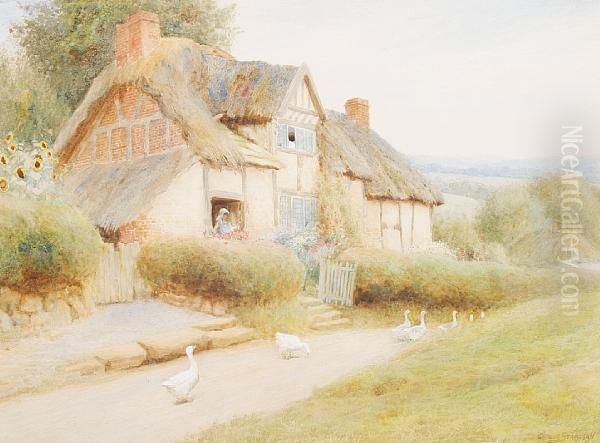 Geese On A Country Lane Oil Painting by Arthur Claude Strachan