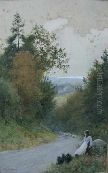 Girl In English Country Landscape Oil Painting by Arthur Claude Strachan