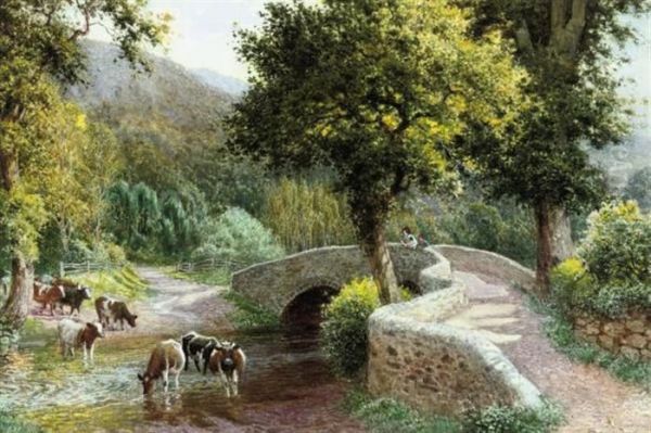 Cows Watering By Dunstar Bridge, Somerset Oil Painting by Arthur Claude Strachan