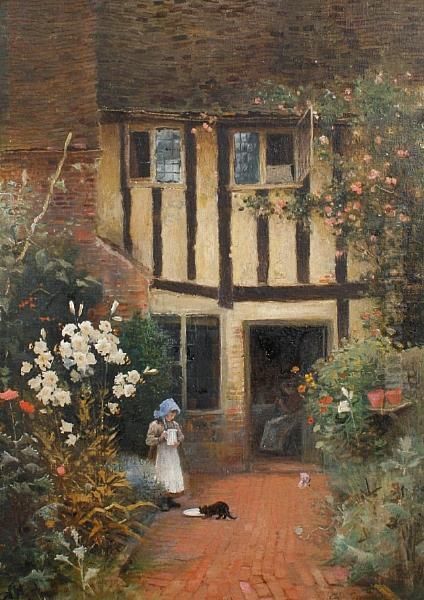 A Girl Feeding A Cat Outside A Cottage Oil Painting by Arthur Claude Strachan