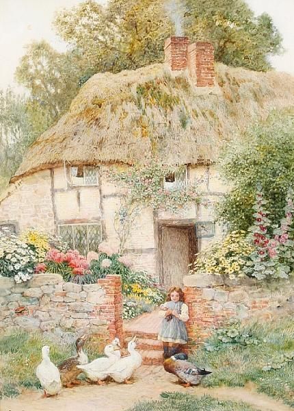 At The Cottage Gate Oil Painting by Arthur Claude Strachan