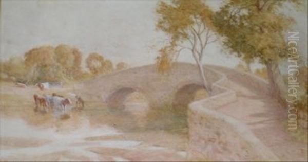 Cattle Watering By A Bridge Oil Painting by Arthur Claude Strachan