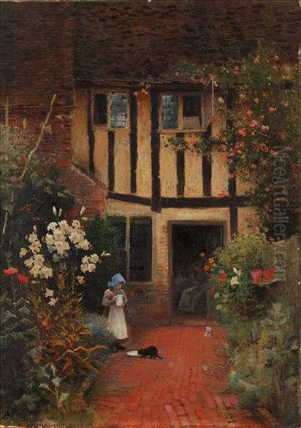 A Younggirl Feeding A Cat In A Cottage Garden Oil Painting by Arthur Claude Strachan