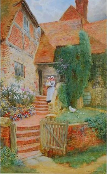 Mother And Child In Cottage Garden Oil Painting by Arthur Claude Strachan