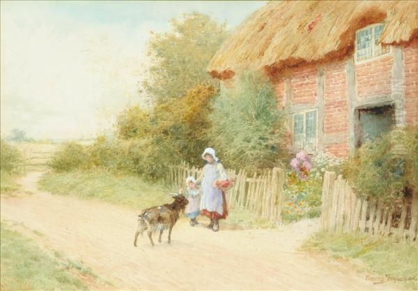 Figures With A Goat Outside A Cottage Oil Painting by Arthur Claude Strachan