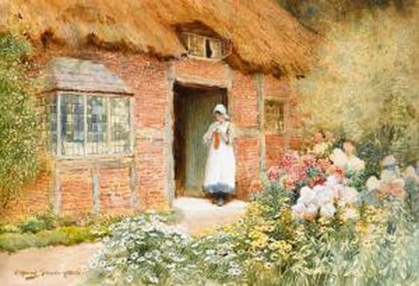 Knitting At The Cottage Door Oil Painting by Arthur Claude Strachan