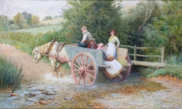 Horse And Cart With Figures On A Country Path, Crossing A Ford Oil Painting by Arthur Claude Strachan