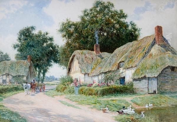 A Thatched Cottage On A Country Lane, With A Horse And Cart, And Ducks By A Pond Oil Painting by Arthur Claude Strachan