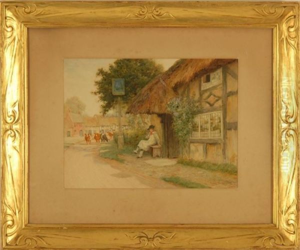 Street Scene With A Tavern, A Seated Man, And Grazing Cows Oil Painting by Arthur Claude Strachan