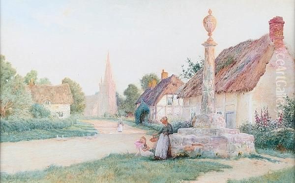 Village Scene With Figures And Ducks Before Thatched Cottages Oil Painting by Arthur Claude Strachan