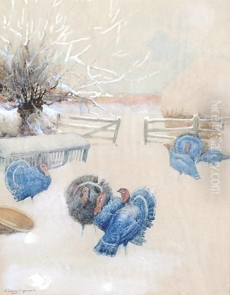 A Winter Snow Scene With Turkeys Oil Painting by Arthur Claude Strachan