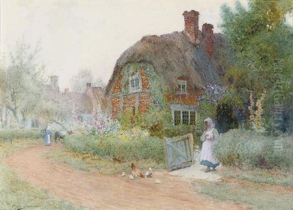 Feeding A Hen And Her Chicks Oil Painting by Arthur Claude Strachan