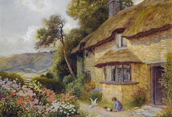 Feeding Pigeons At The Cottage Door Oil Painting by Arthur Claude Strachan