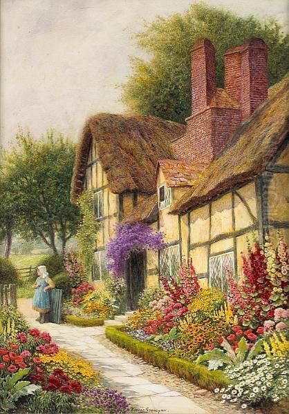 A Cottage Garden In Full Bloom With A Young Girl Standing By A Gate Oil Painting by Arthur Claude Strachan