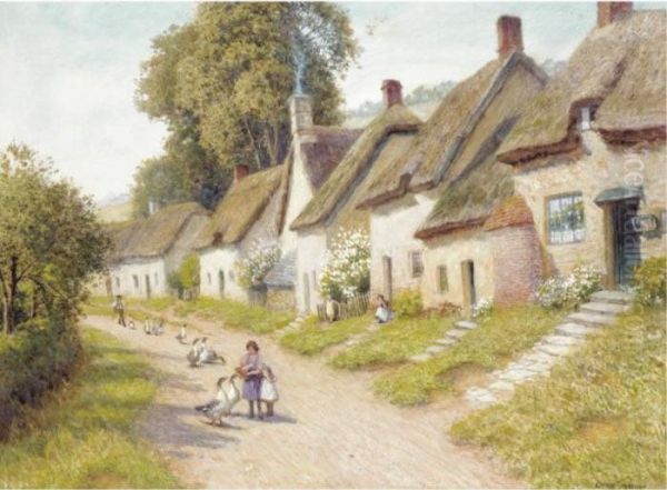 Geese On A Village Road Oil Painting by Arthur Claude Strachan