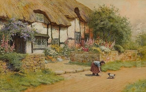 Befriending A Puppy Outside A Cottage Garden Oil Painting by Arthur Claude Strachan