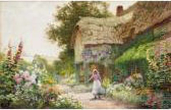 Watering The Flowers At Manor Cottage, Midhurst Oil Painting by Arthur Claude Strachan