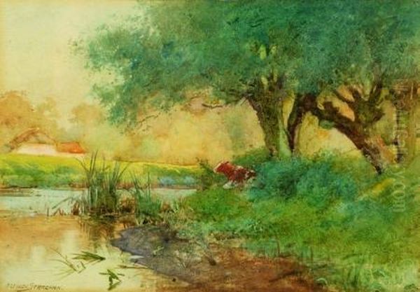 Cow By A Quiet Stream Oil Painting by Arthur Claude Strachan