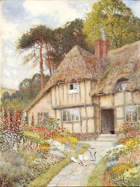 A Thatched Roofcottage Oil Painting by Arthur Claude Strachan