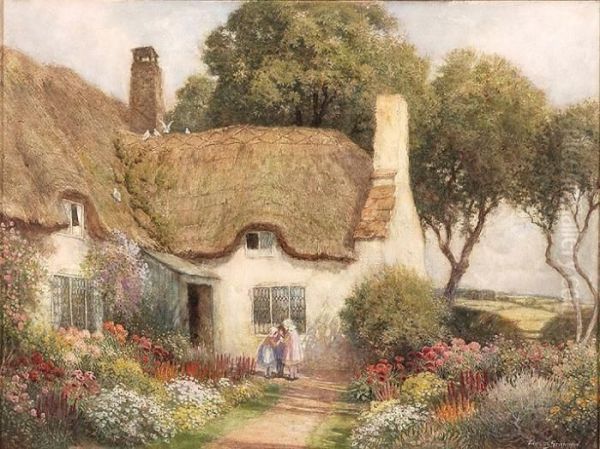 Three Girls Outside Athatched Roof Cottage Oil Painting by Arthur Claude Strachan