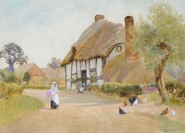 A Thatched Cottage; The Village Street, A Pair Oil Painting by Arthur Claude Strachan