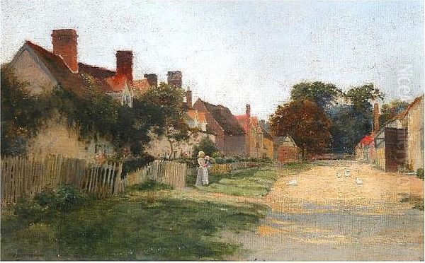 Country Village Lane With Mother, Child And Geese Oil Painting by Arthur Claude Strachan