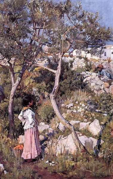 Two Little Italian Girls by a Village 1875 Oil Painting by John William Waterhouse