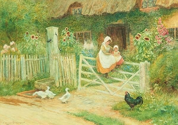 Mother And Child Seated On The Cottage Gate Oil Painting by Arthur Claude Strachan