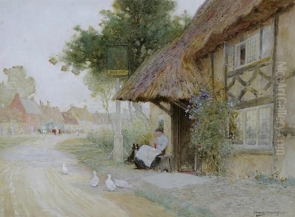 Lady Seated Before A Country Inn Oil Painting by Arthur Claude Strachan