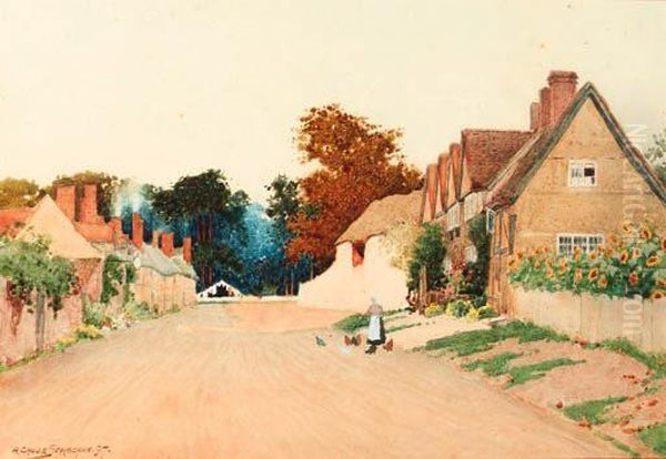 Feeding Chickens On A Country Lane Oil Painting by Arthur Claude Strachan