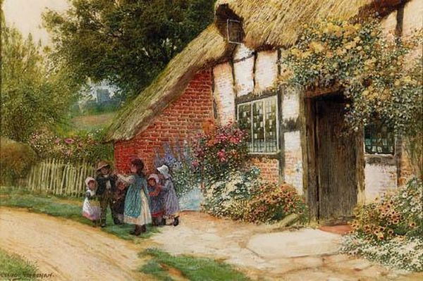 Children Playing Outside A Cottage Oil Painting by Arthur Claude Strachan