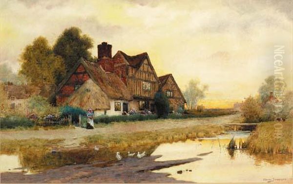 A Figure Before A Cottage At Market Drayton, Shropshire Oil Painting by Arthur Claude Strachan