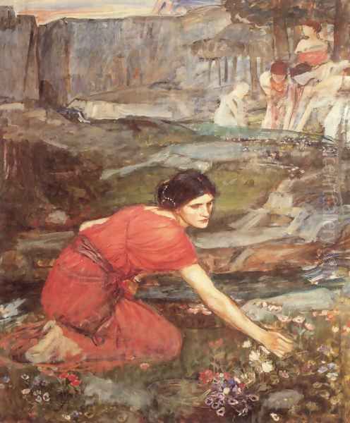 Maidens picking Flowers by a Stream [Study] Oil Painting by John William Waterhouse