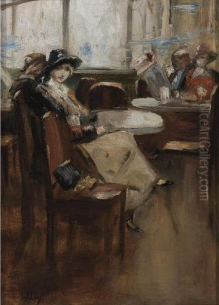 In The Cafe Oil Painting by Lesser Ury